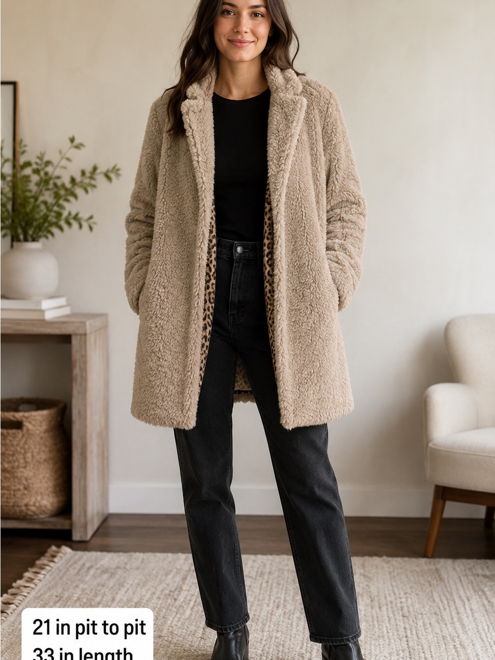 Kenneth Cole New York Faux Fur Teddy Coat S Beige Leopard Lined